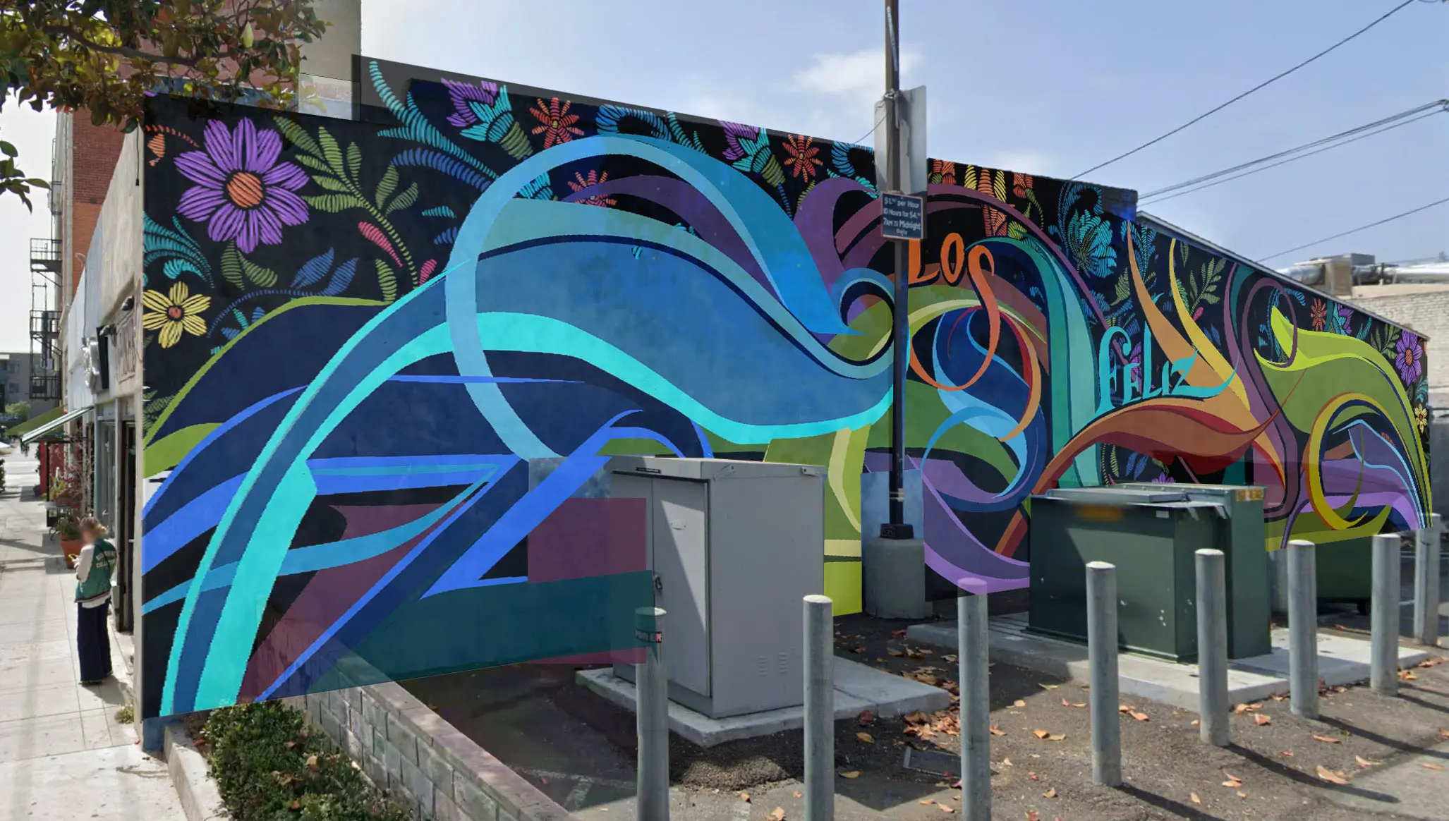 A rendering of a colorful floral mural with the words Los Feliz on the side of The Punchbowl building.