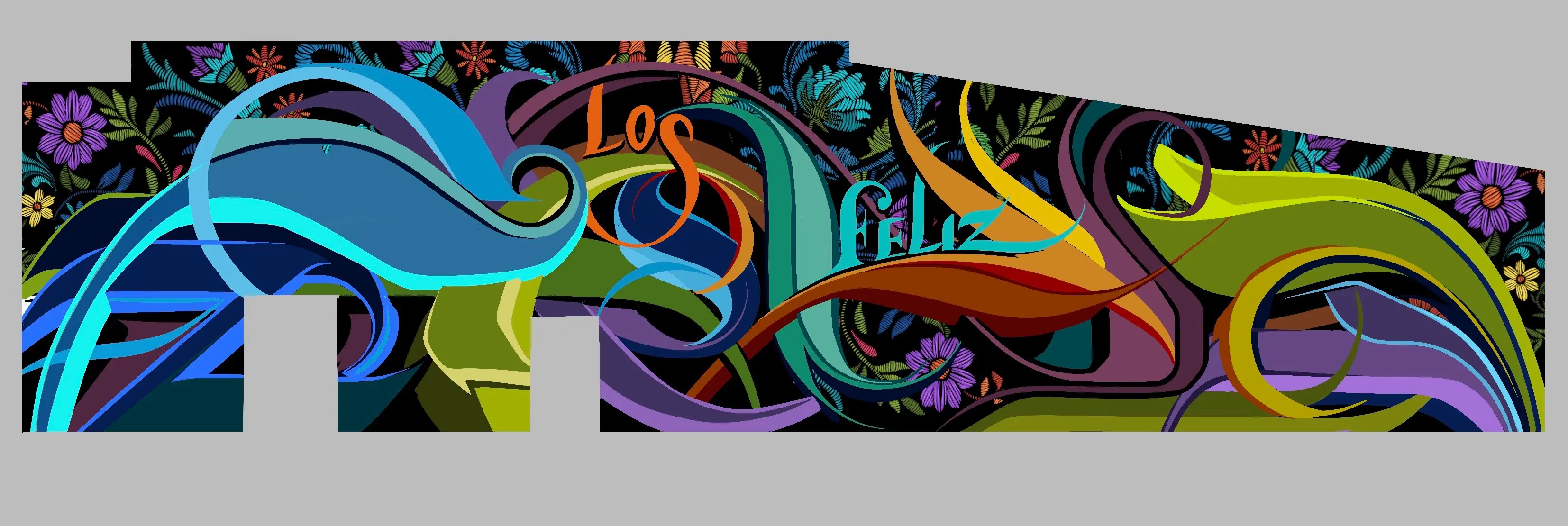 A digital design of a colorful floral mural with the words Los Feliz.