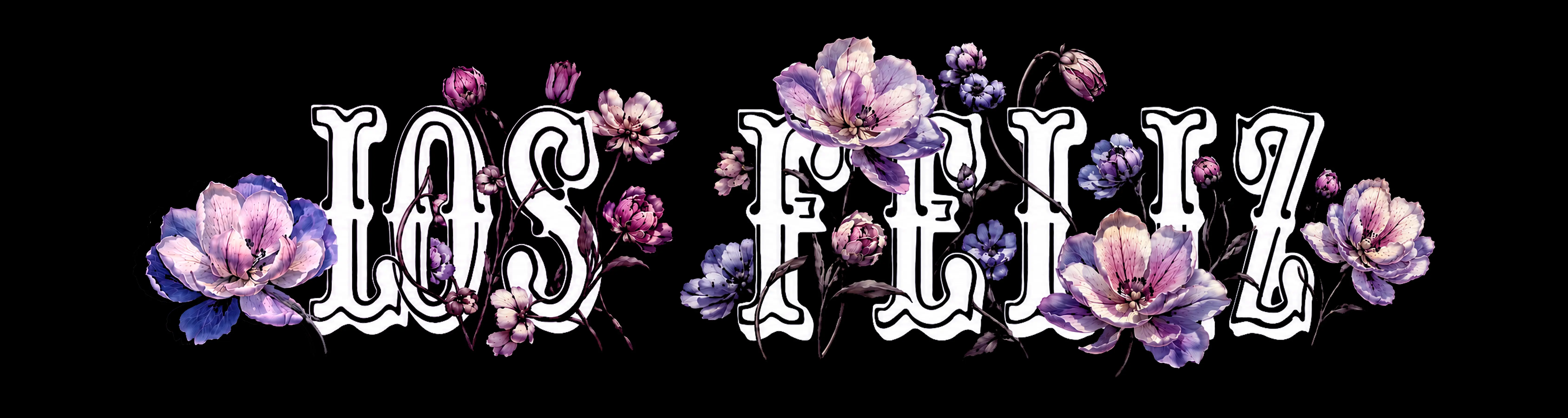 “Los Feliz” in ornate white outlined lettering on a black ground, wrapped in oversized purple and pink blossoms.